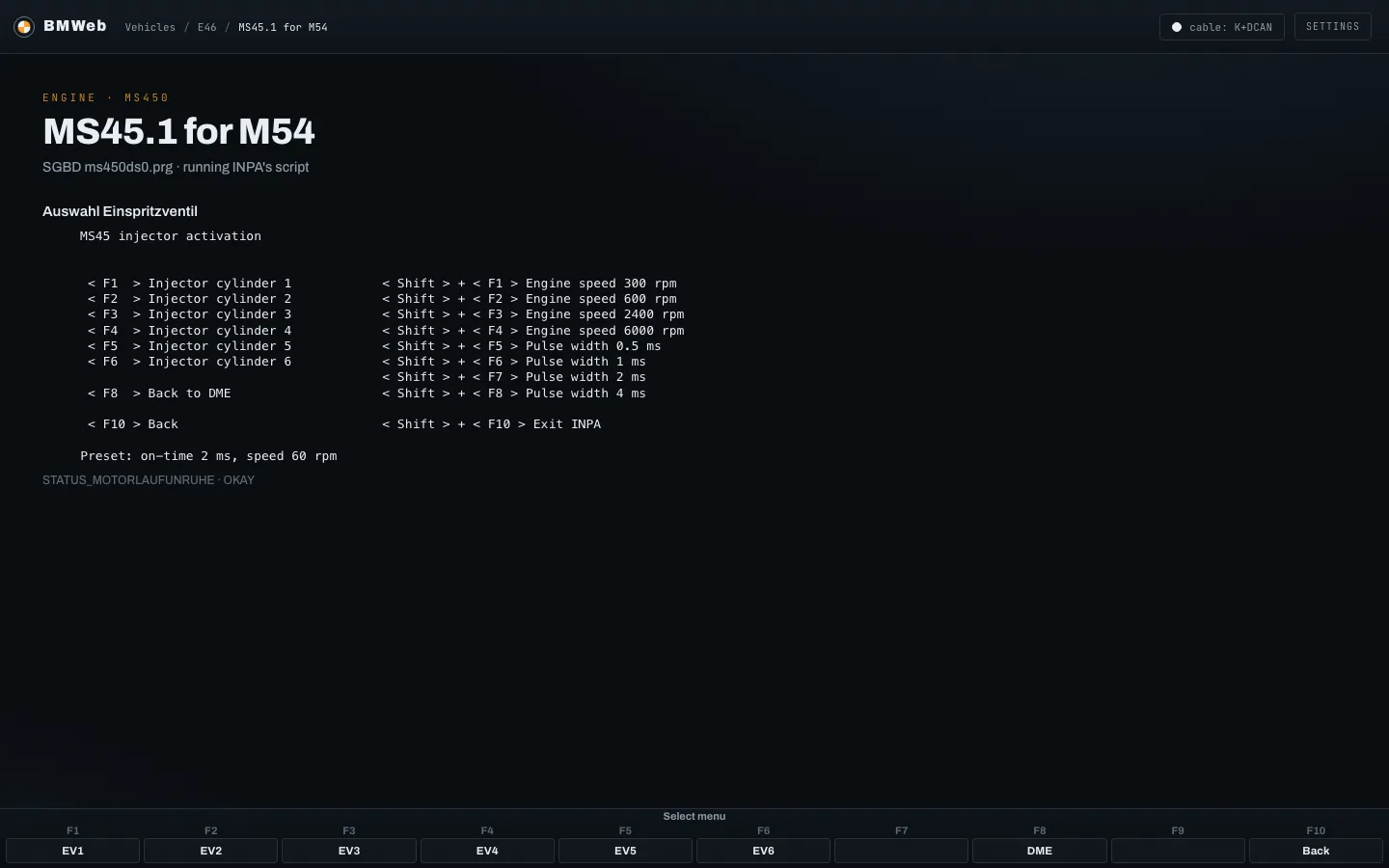 The injector activation menu: F1 to F6 pick a cylinder, shifted keys set engine speed and pulse width.