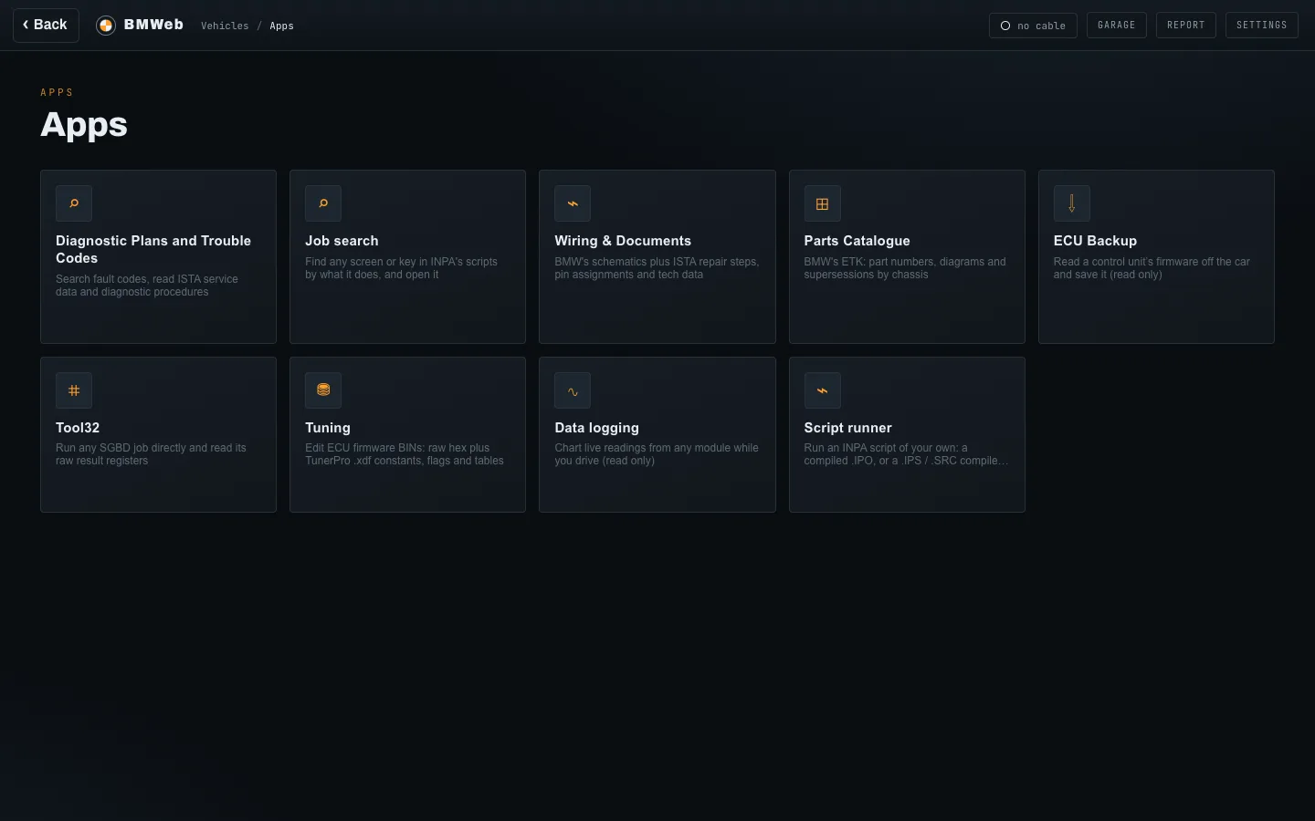 The Apps hub as a grid of square tiles: diagnostic plans, job search, wiring, parts, ECU backup, Tool32, tuning, data logging and the script runner.