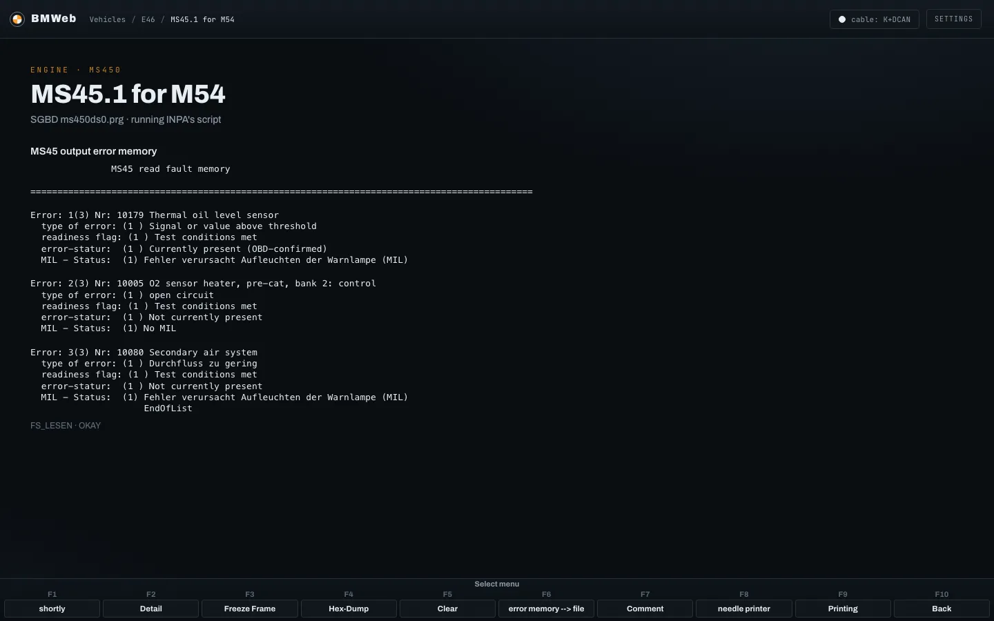The MS45 fault list: three faults with their number, name, type, readiness, present or stored and MIL status.