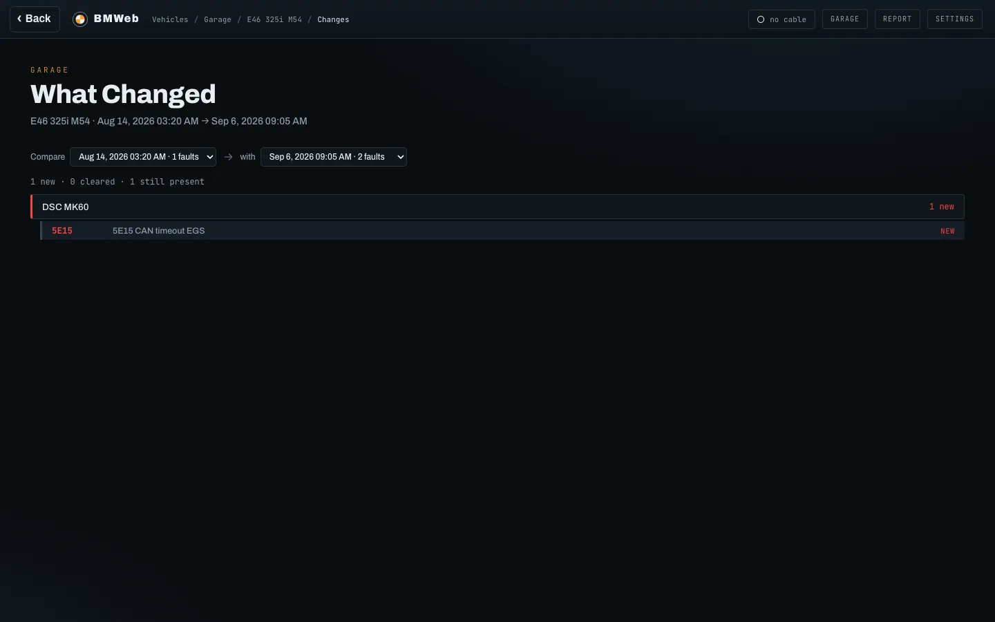 The What Changed page: two scans picked in dropdowns, a count of new, cleared and still present, and the one new DSC fault listed underneath.