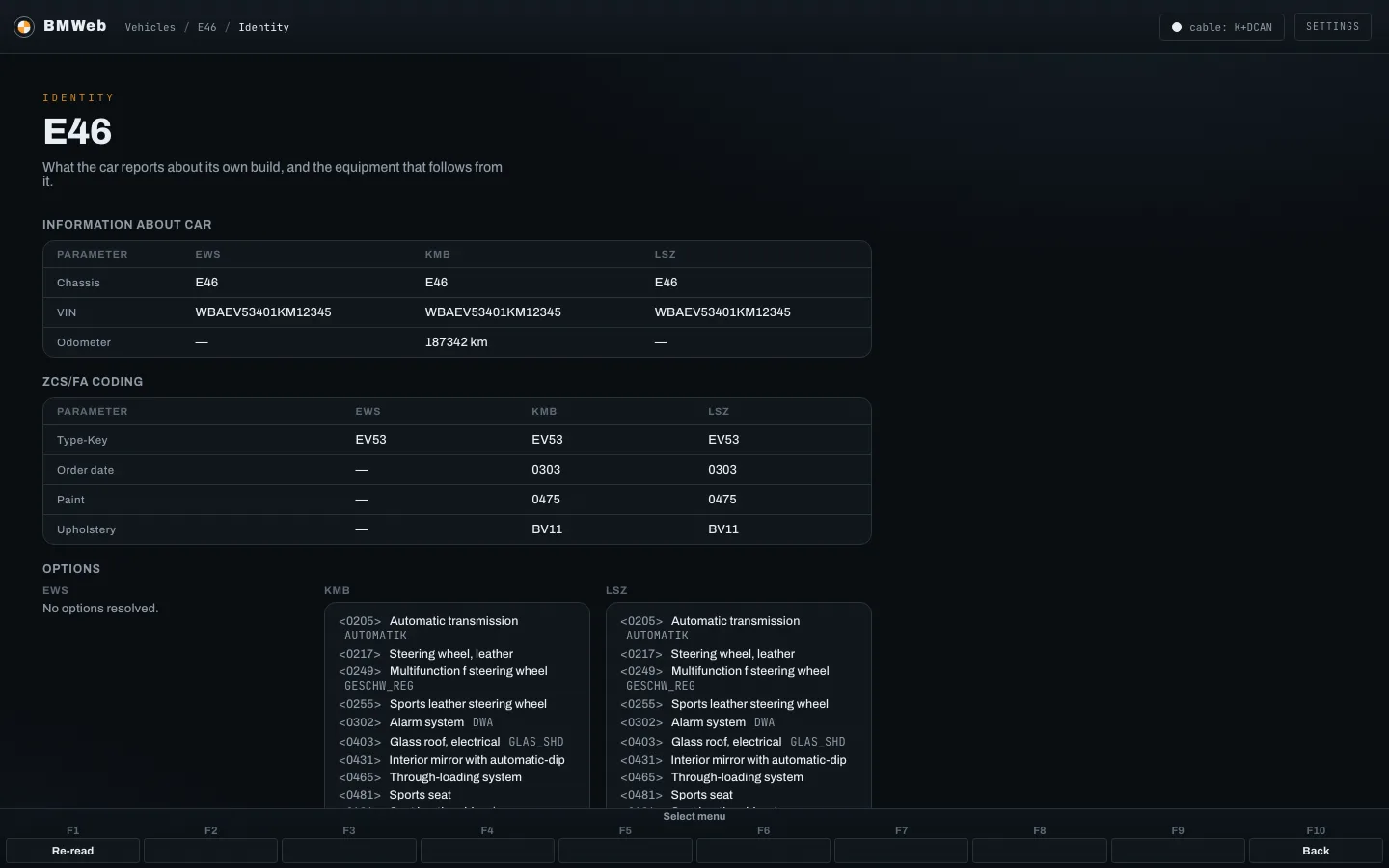 The vehicle identity screen: VIN, odometer, build date, paint and upholstery per module, and the option list decoded from the build record.