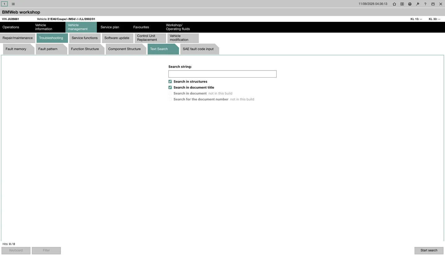 The text search page: a search string box with four checkboxes for structures, document titles, document bodies and document numbers.