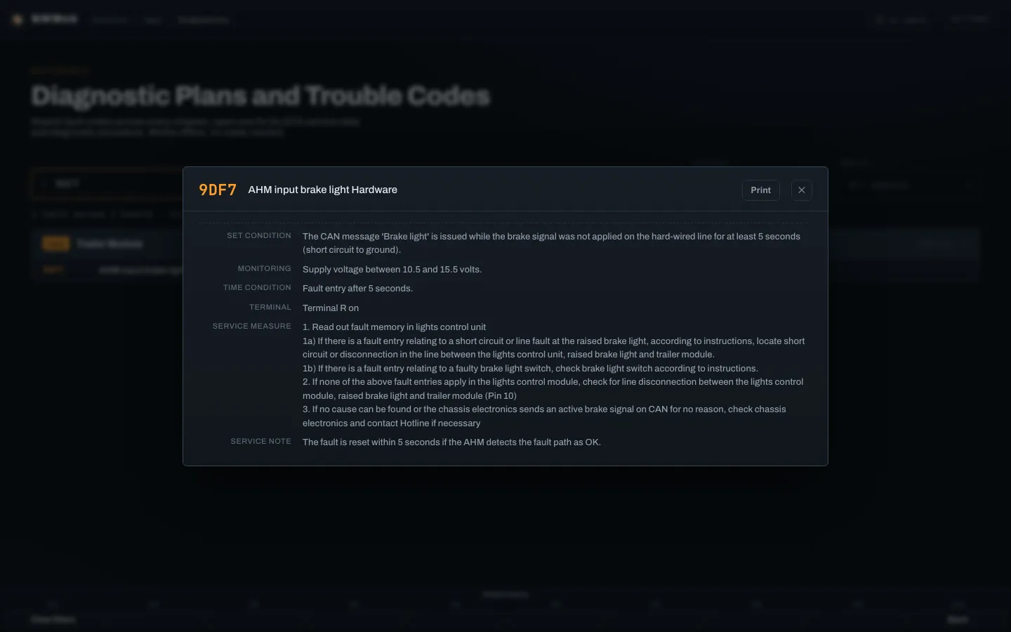 An opened fault: its code and name, then the service document: set condition, monitoring, time condition, service measures and the effect on the car.