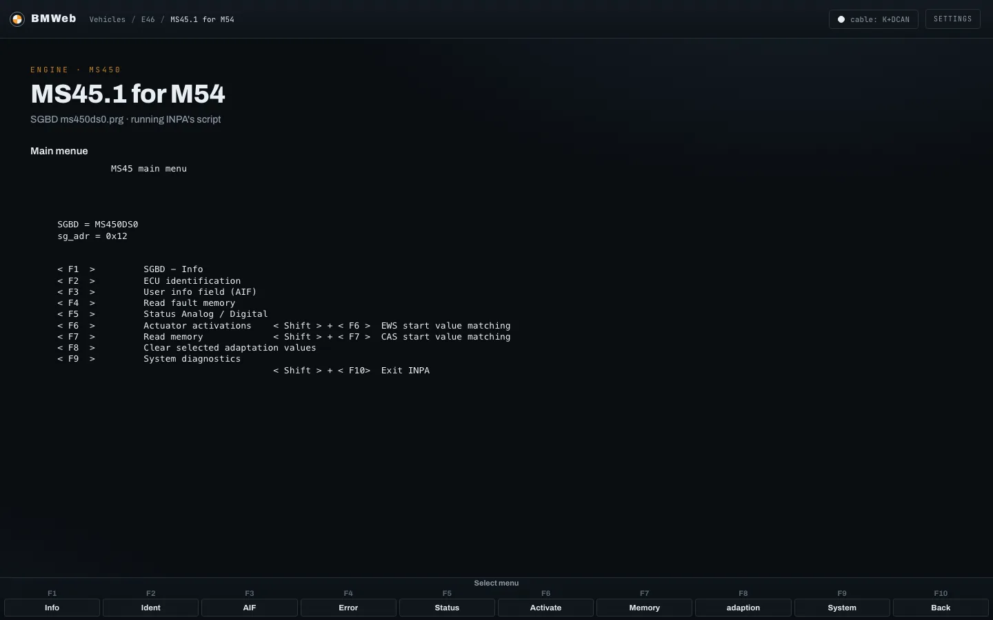 The MS45 engine module's main menu as a text screen: F1 info, F2 identification, F4 fault memory, F5 status, F6 activations and more.