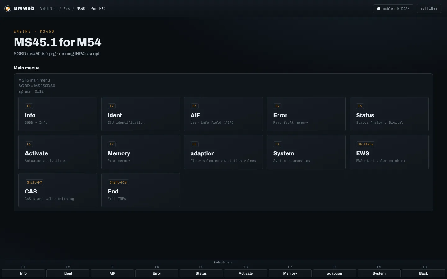 The same MS45 main menu as tiles: one tile per key, each with its legend line.