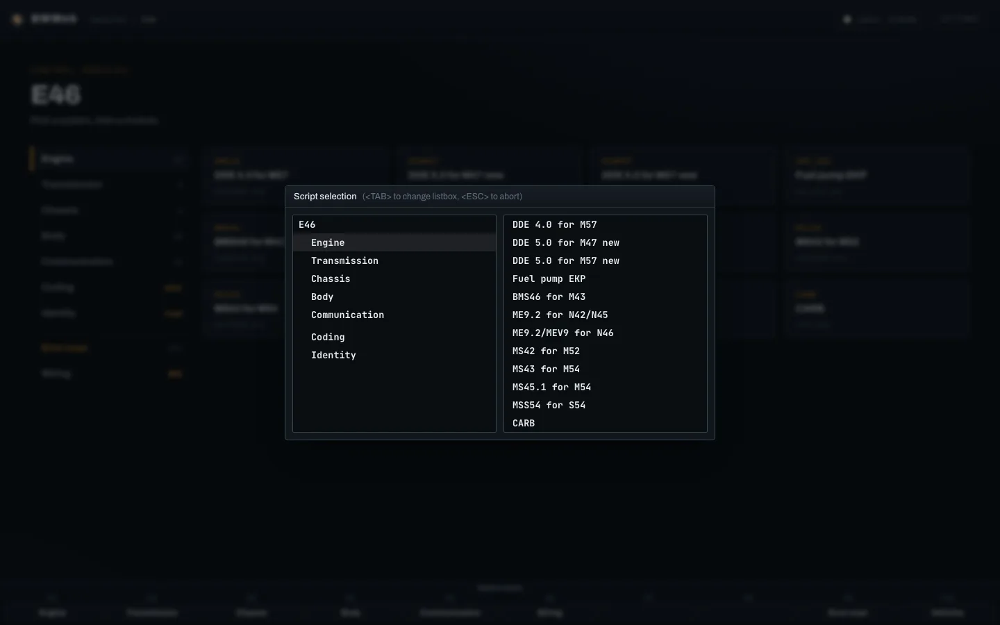 The script selection popup for an E46: systems on the left, the engine modules on the right.
