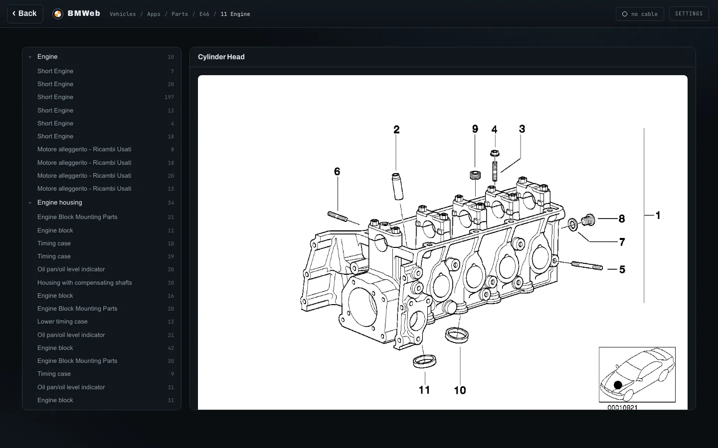 A cylinder head exploded diagram with numbered callouts, the group tree on the left.