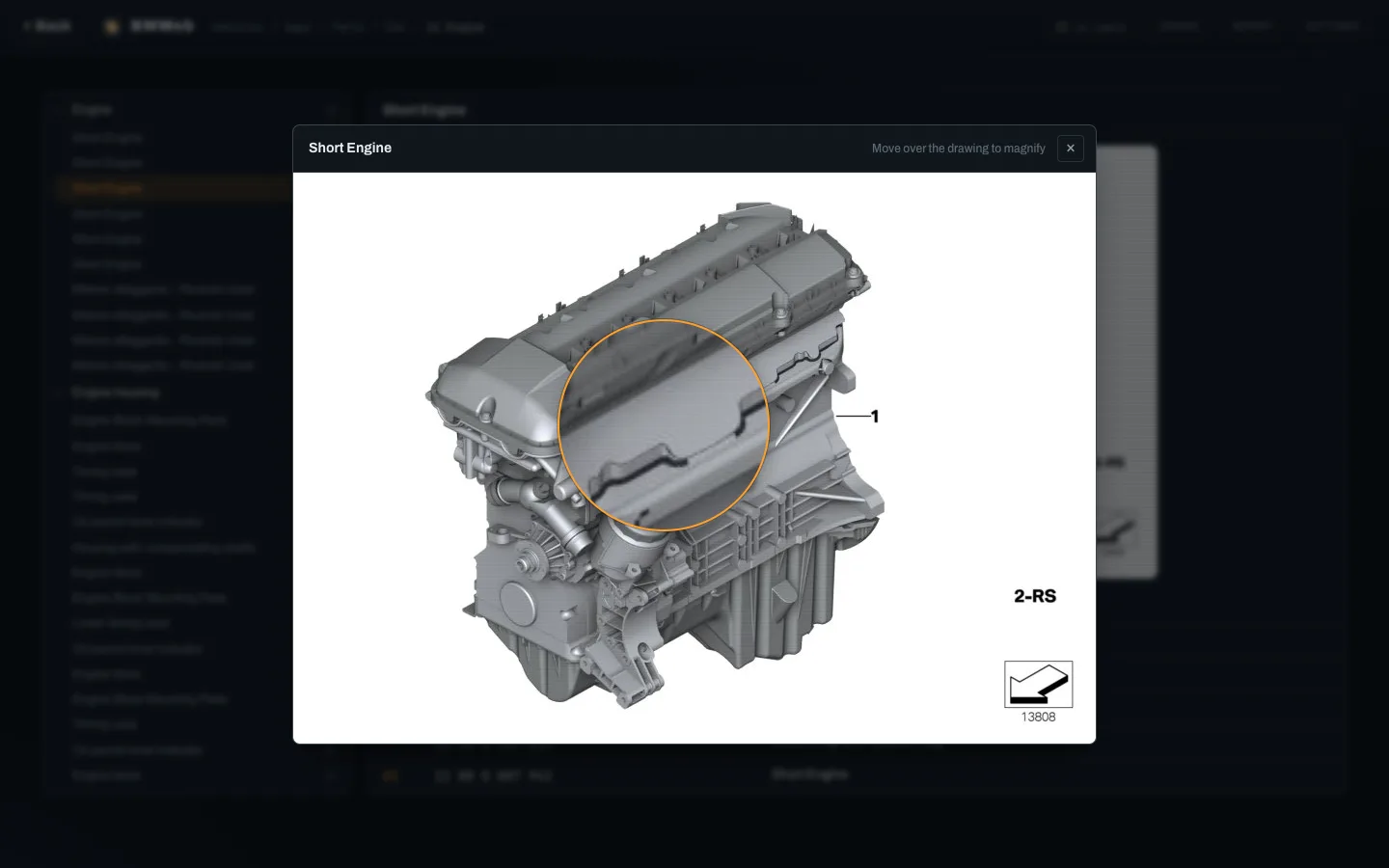 A short engine parts drawing opened full size with a round magnifier following the pointer over the cylinder head.