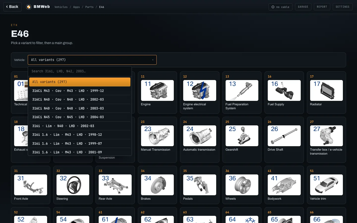 The E46 parts catalogue with the vehicle dropdown open on 297 variants, each with its model, body, engine, steering and build date.