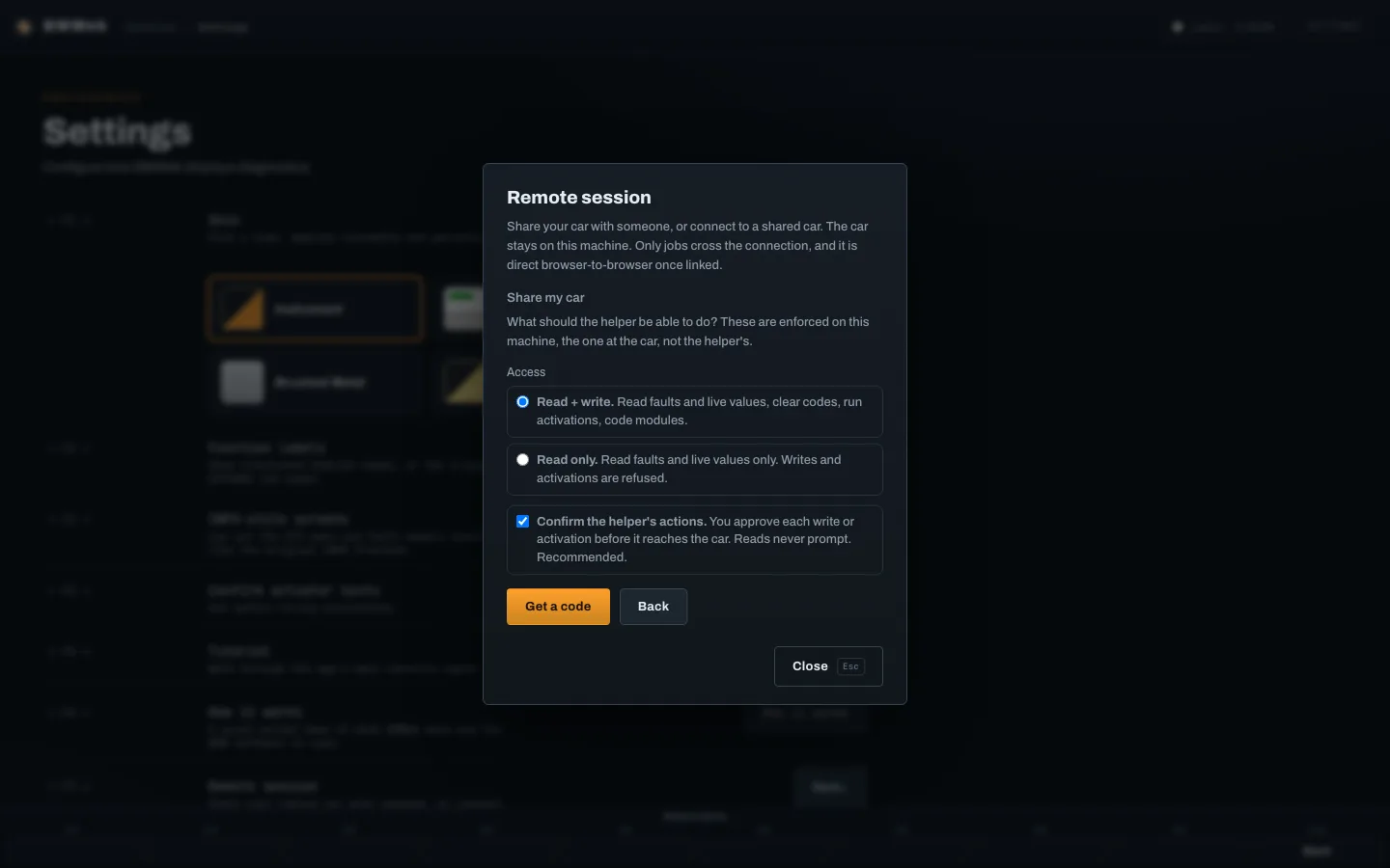 The Share my car panel: read and write or read only access, and a checkbox to confirm each of the helper's actions.