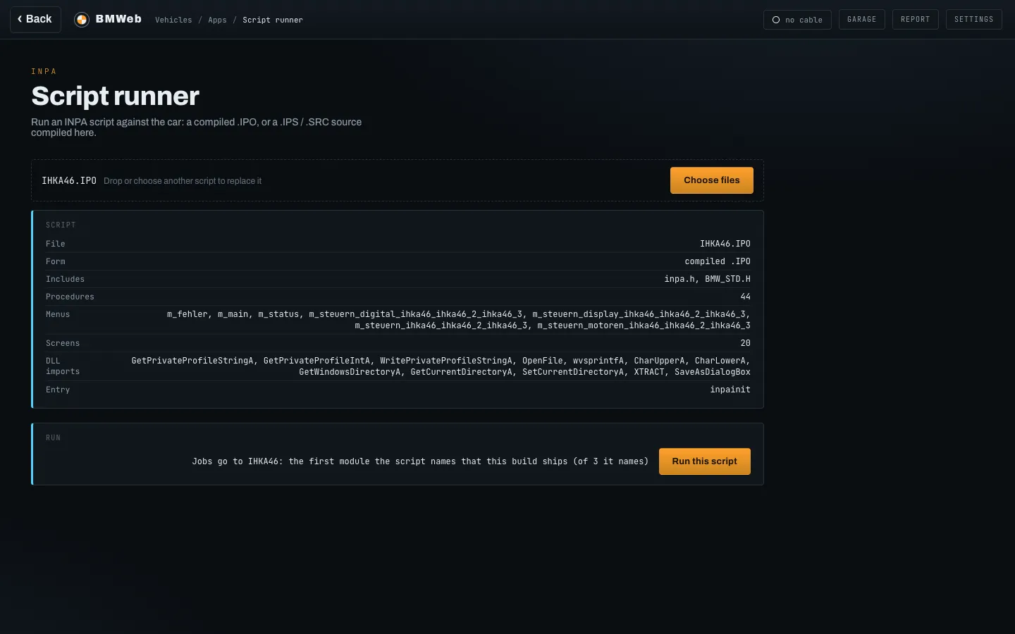 The script runner with a loaded IHKA46.IPO: its includes, 44 procedures, menus, 20 screens, DLL imports and entry point, and a Run this script button.