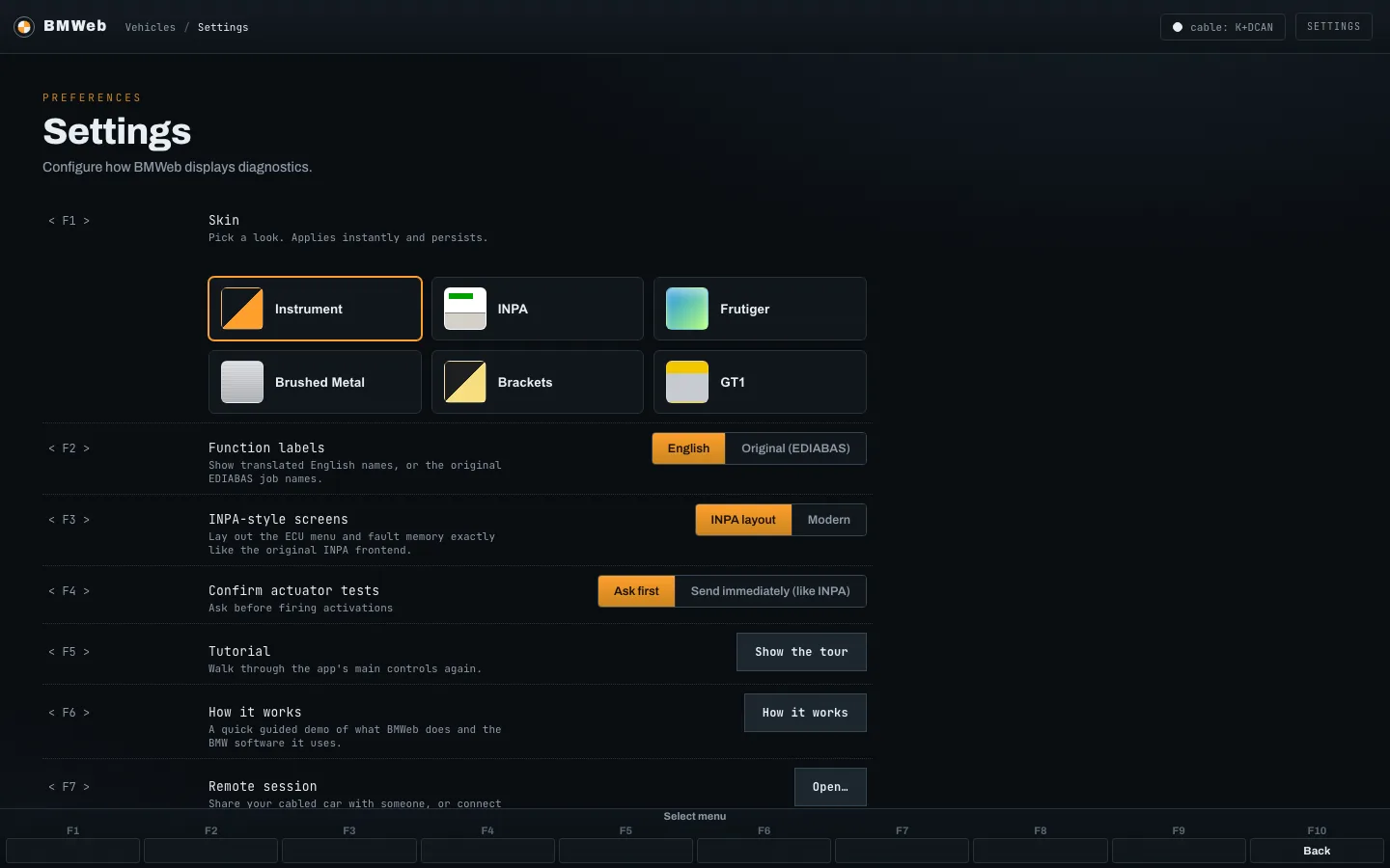 The Settings screen: the skin picker with six cards, function labels, layout, actuator confirmation, tutorial and remote session rows.
