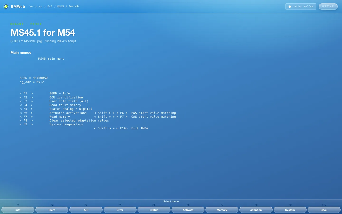 The engine module main menu in the Frutiger skin: a translucent blue gradient with pill-shaped keys.