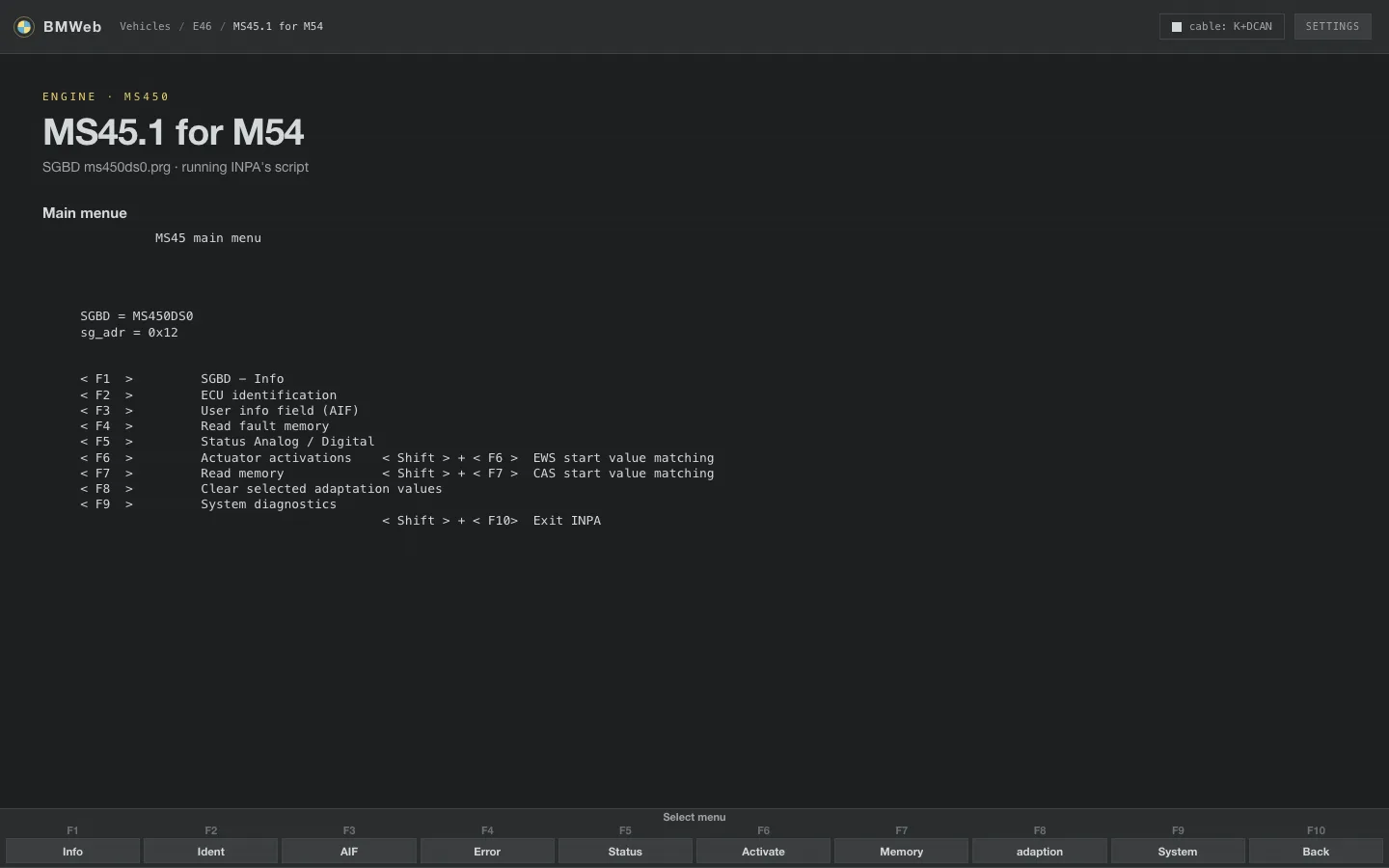 The engine module main menu in the Brackets skin: a flat dark grey with muted keys.