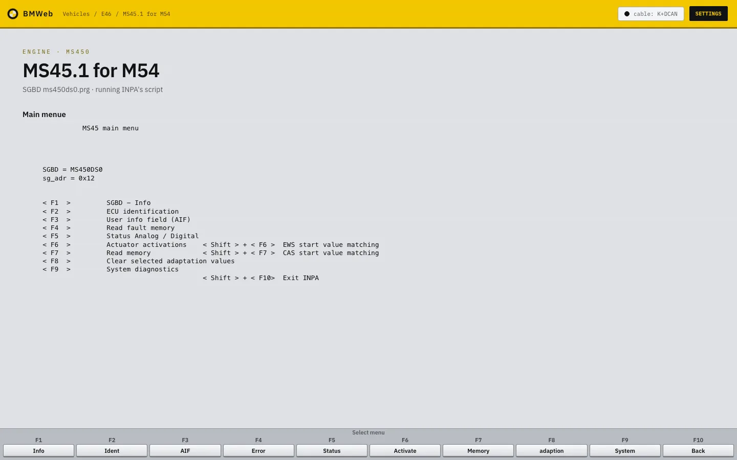 The engine module main menu in the GT1 skin: a yellow header bar over a light grey screen.