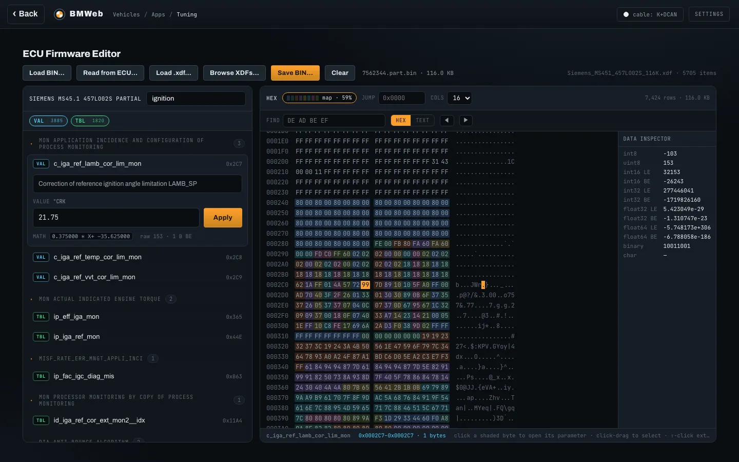 The firmware editor: a definition tree on the left with a scalar opened in its editor, the hex view on the right with the bytes of that parameter highlighted.