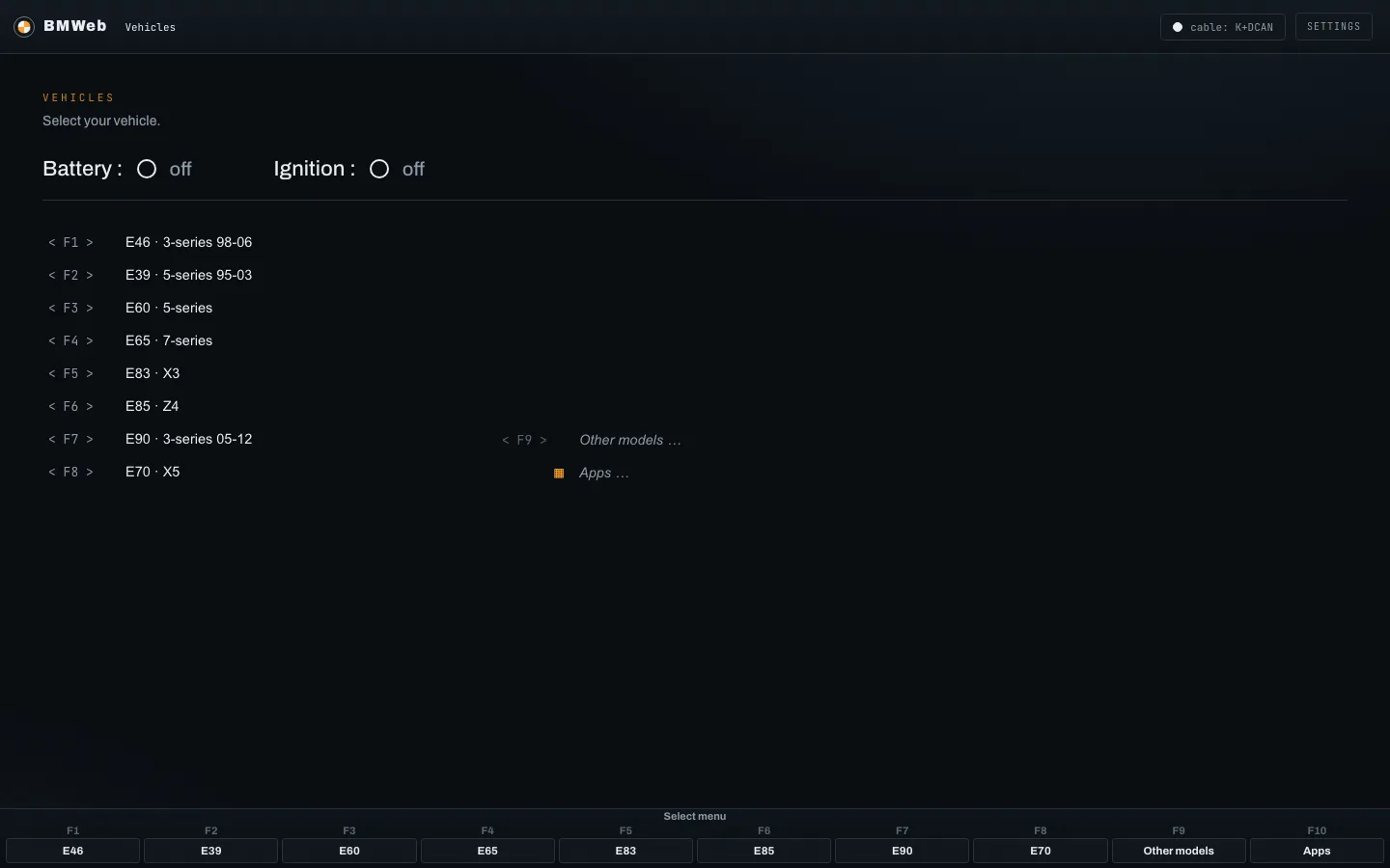 The vehicle list: F1 to F8 pick a chassis from E46 to E70, F9 opens other models, F10 opens the apps.