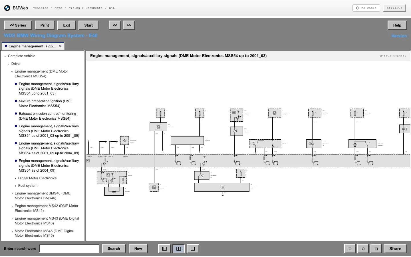 An engine management wiring diagram in the classic grey diagram-system frame: a tree of systems on the left, the schematic on the right.