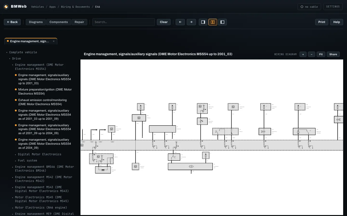 The same engine management wiring diagram in the default dark skin, with a toolbar for diagrams, components, repair documents and search.
