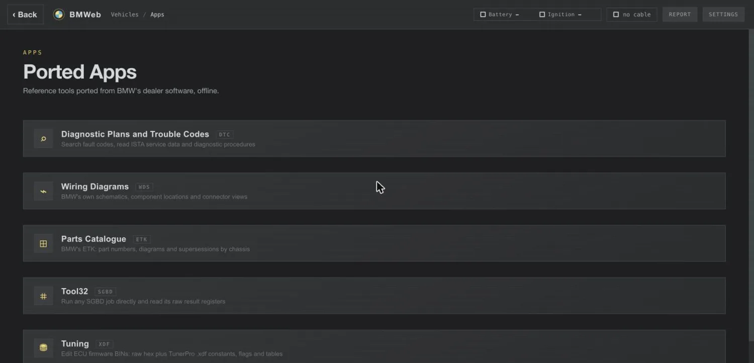 The Apps hub: fault lookup, wiring diagrams, parts catalogue, Tool32 and tuning.