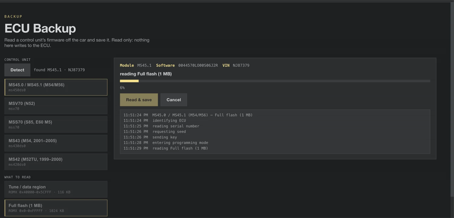 ECU Backup: reading an MS45.1 DME's full flash off the car to a .bin file, with a live progress log.