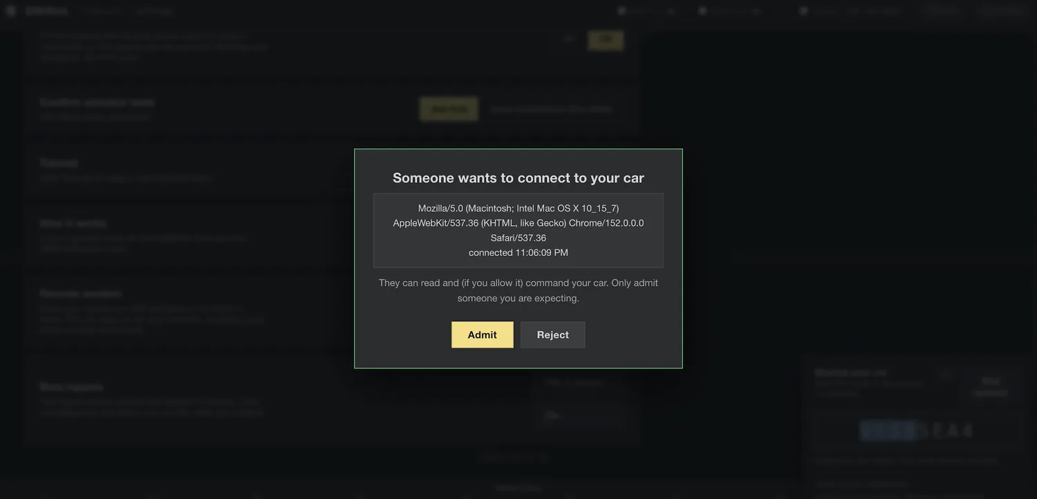 The owner is asked to admit or reject someone requesting to connect to their car.